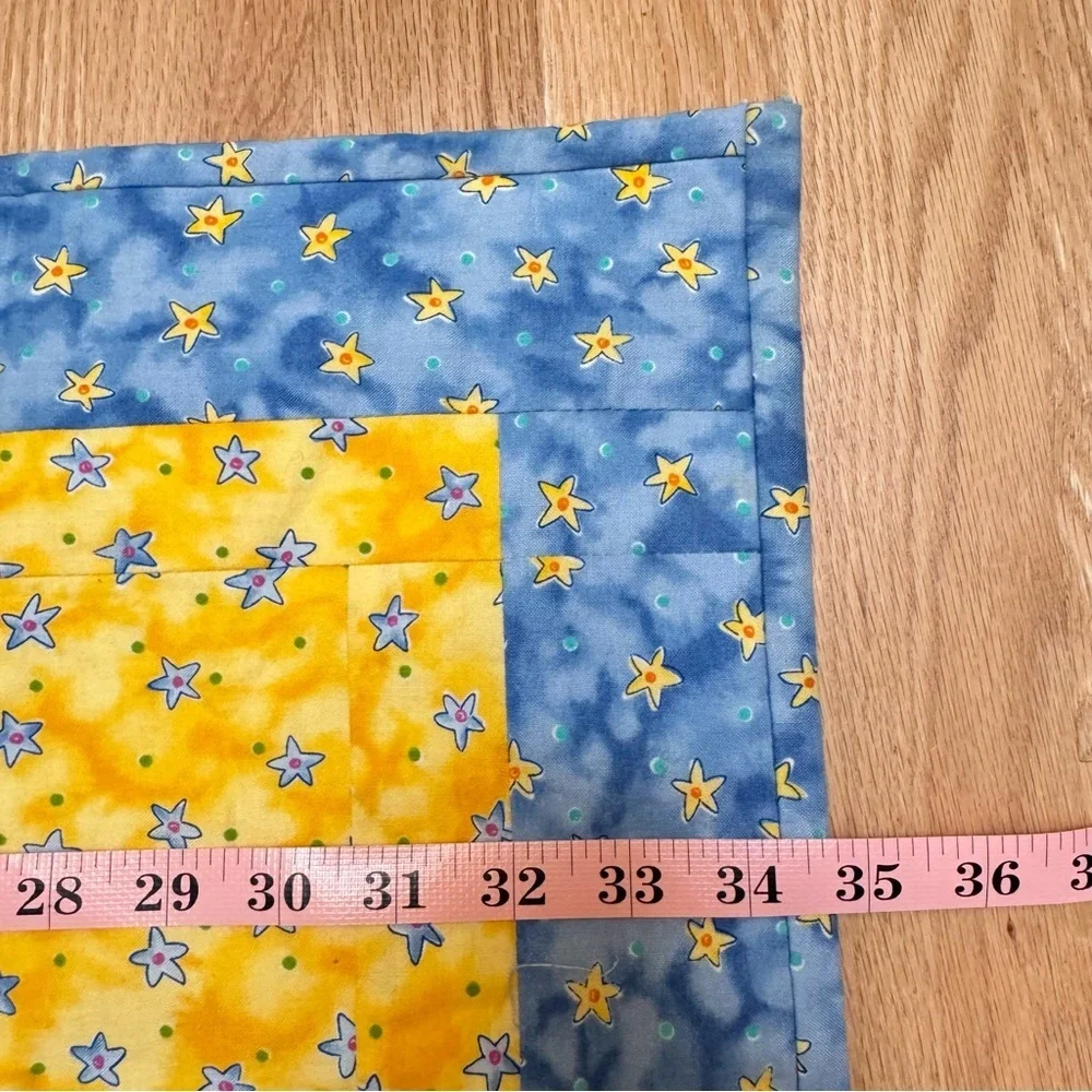 Handcrafted Patchwork Baby Quilt Star Pattern Two Sided Yellow & Blue Unisex